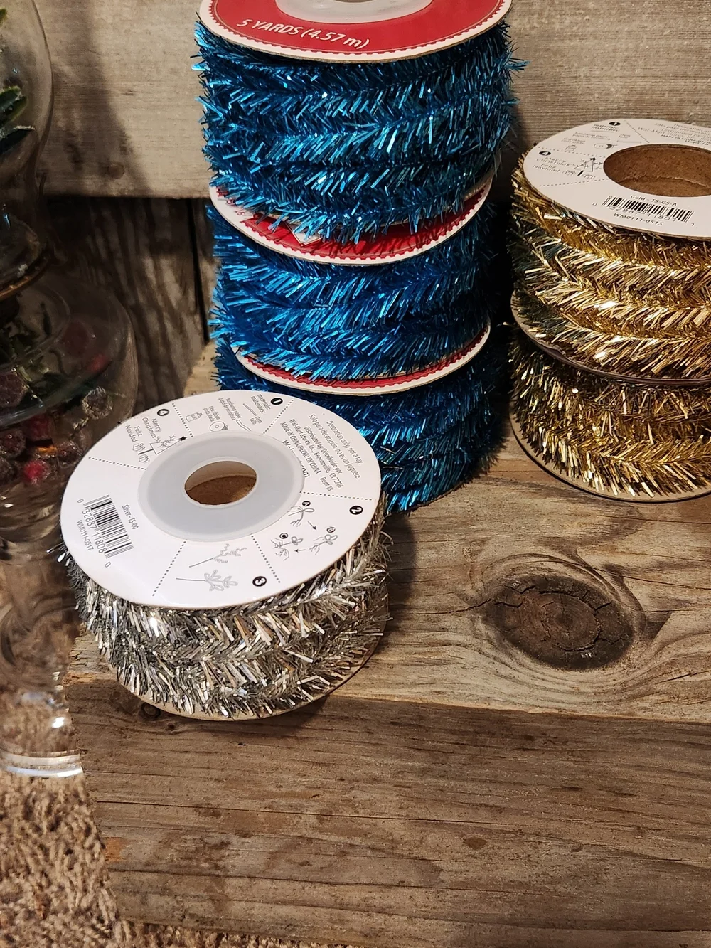 11-Assorted Holiday Tinsel Craft Ribbon - Red, Blue, Gold, Silver,Purple, White.